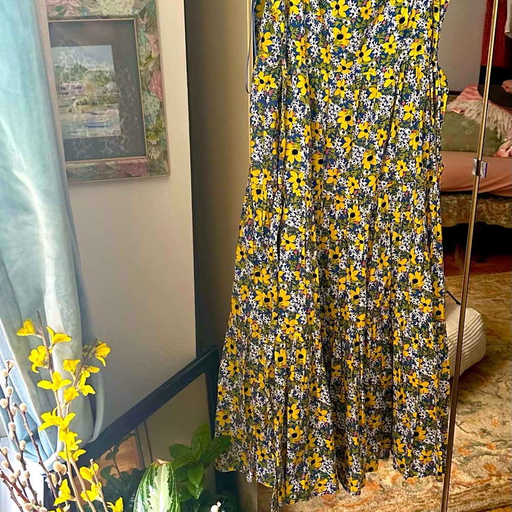 Garden dress, yellow and green, soft cotton, ruffled shoulder straps,size L